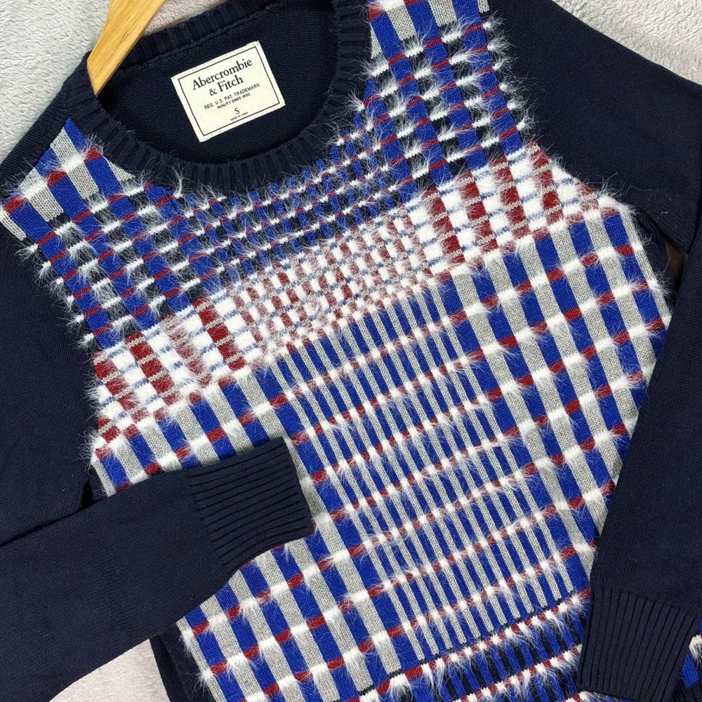 Abercrombie & Fitch Women's Sweater Navy Plaid Fuzzy Grid Knit Pullover Sz Small